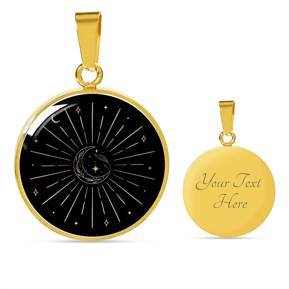 Sacred Geometry Half Moon Star Personalized Engraved Gold Circle Necklace Custo